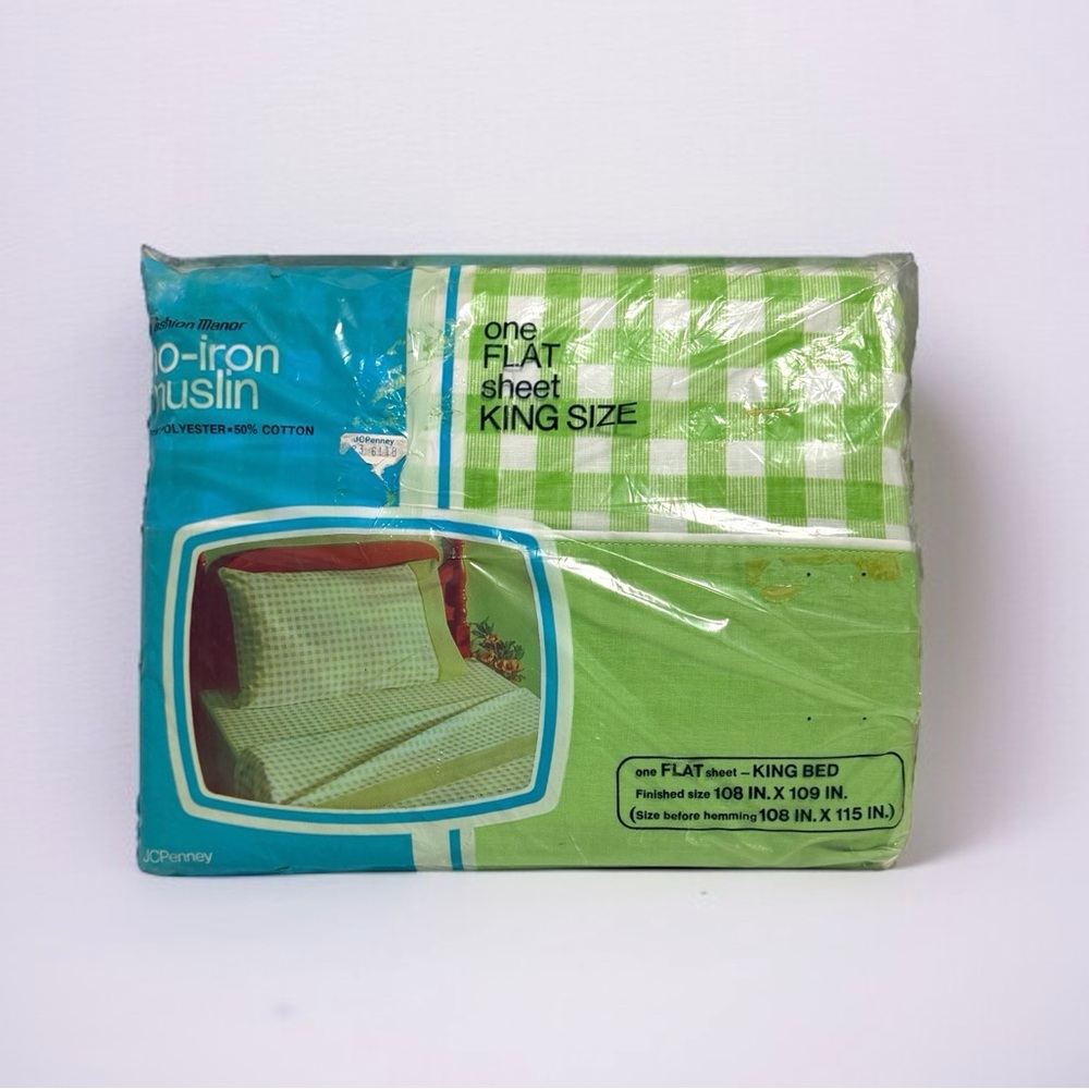 NOS Vintage 70’s Fashion Manor Green & White Checkered King Flat Sheet
